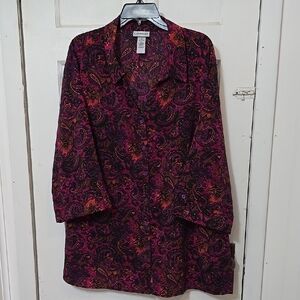 Maurices Womens 3X 26/28W Paisley Button-Up Purple Pink Black 3/4 Sleeve